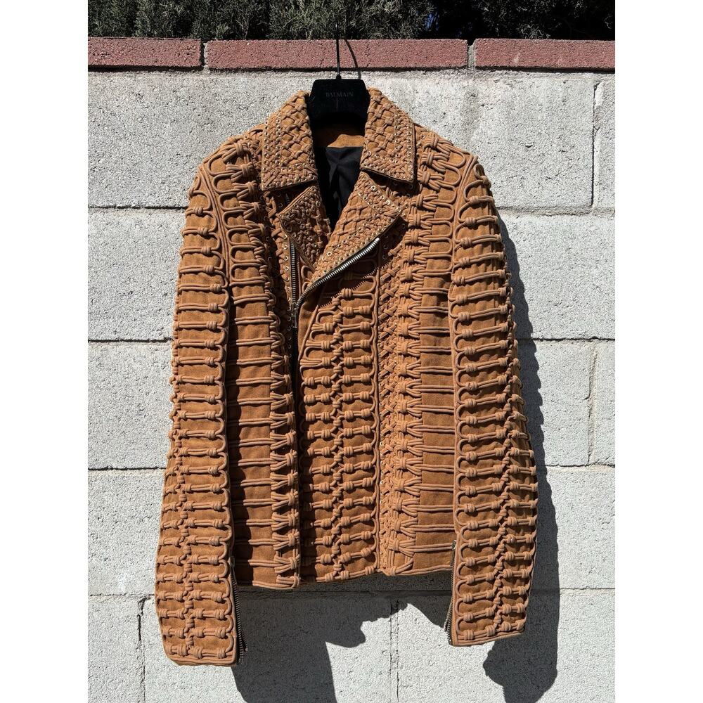 BALMAIN SS 2016 Runway Linen Corde Biker Jacket Brown Sz 48 US 38 - Picture 2 of 11